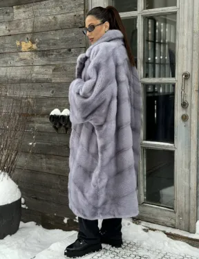 Шуба норковая в стиле Oversize - цвет серый сапфир - фото 3