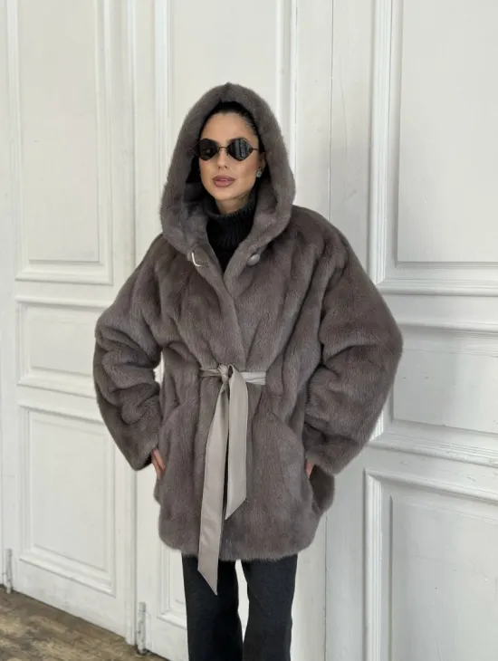 Шуба норковая с капюшоном роспуск - цвет графит - фото 5