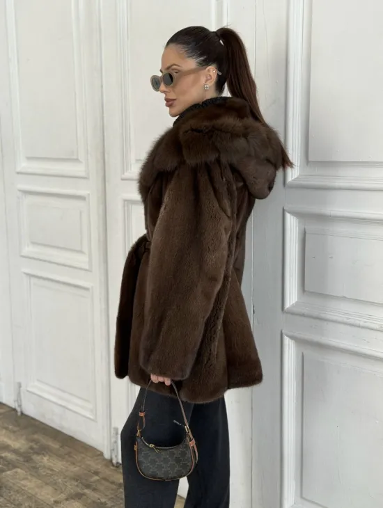 Норка летучая мышь роспуск с капюшоном куница - цвет орех - фото 3
