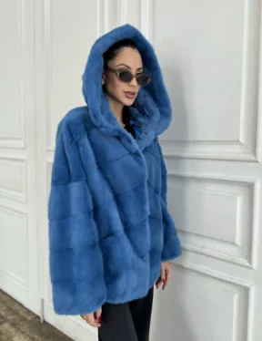Норковый полушубок с капюшоном, паркет - цвет васильковый - фото 0