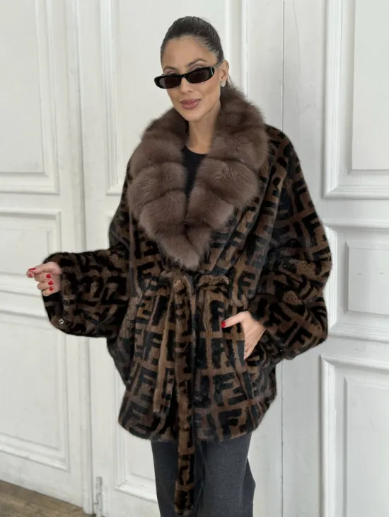 Норка летучая мышь воротник из меха куницы, принт - цвет соболь - фото 2