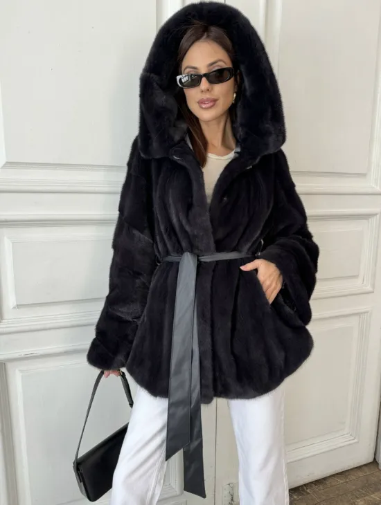 Норковый жакет с капюшоном, роспуск - цвет графит - фото 3