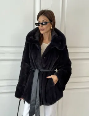 Норковый жакет с капюшоном, роспуск - цвет графит - фото 5