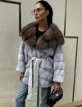 Шуба норковая с капюшоном из меха куницы - цвет голубой - фото 11