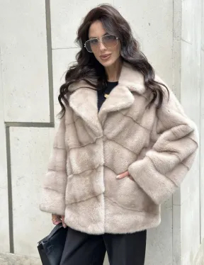 Шуба из меха норки английский воротник пудра - фото 0